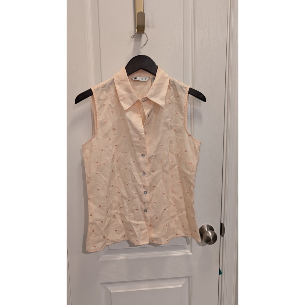 Carole Little Sleeveless Button Up Blouse Top Pink Polka‎ Dot Linen Size Medium